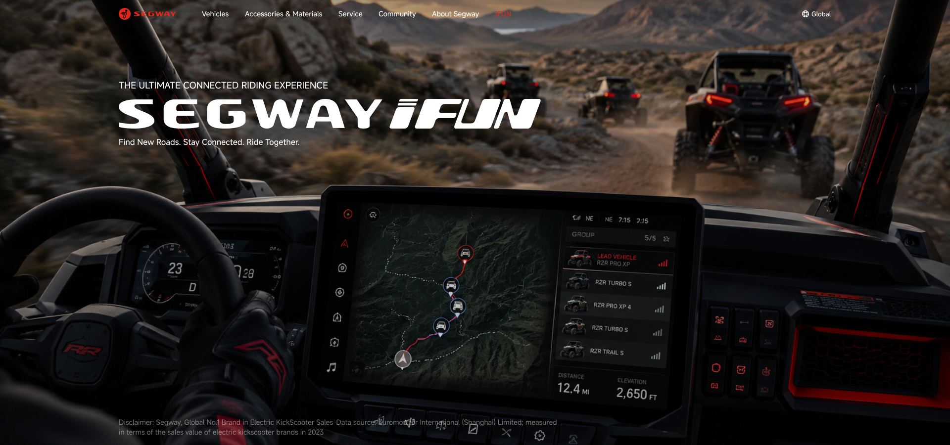 Segway iFUN hero — in-vehicle HMI display on an off-road trail