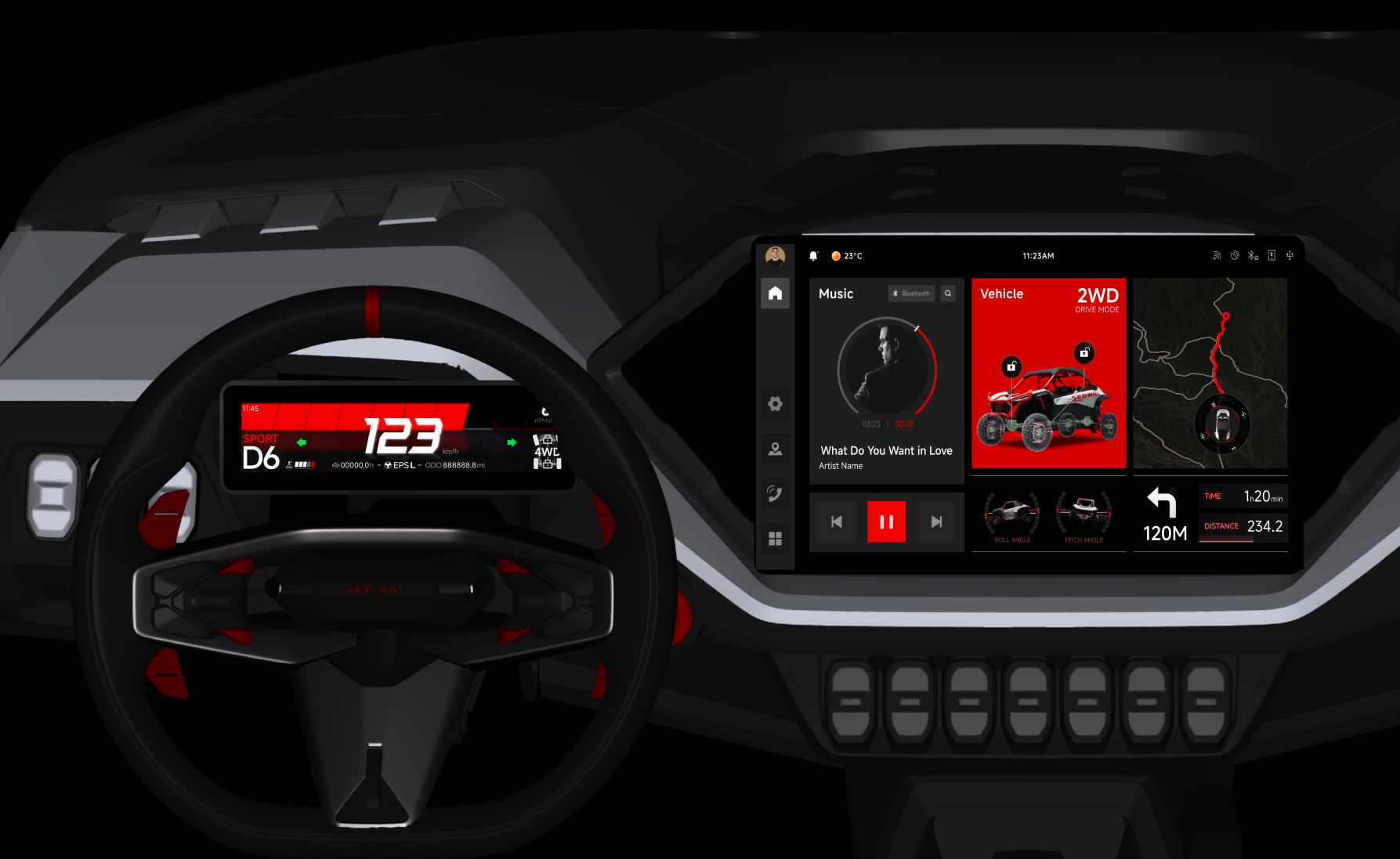SSV cockpit — instrument cluster and center display in the dashboard