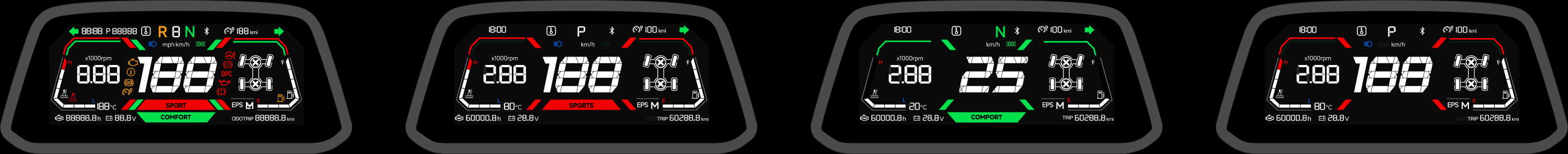 ATV instrument cluster — full screen, sports, comfort, and no-mode layouts